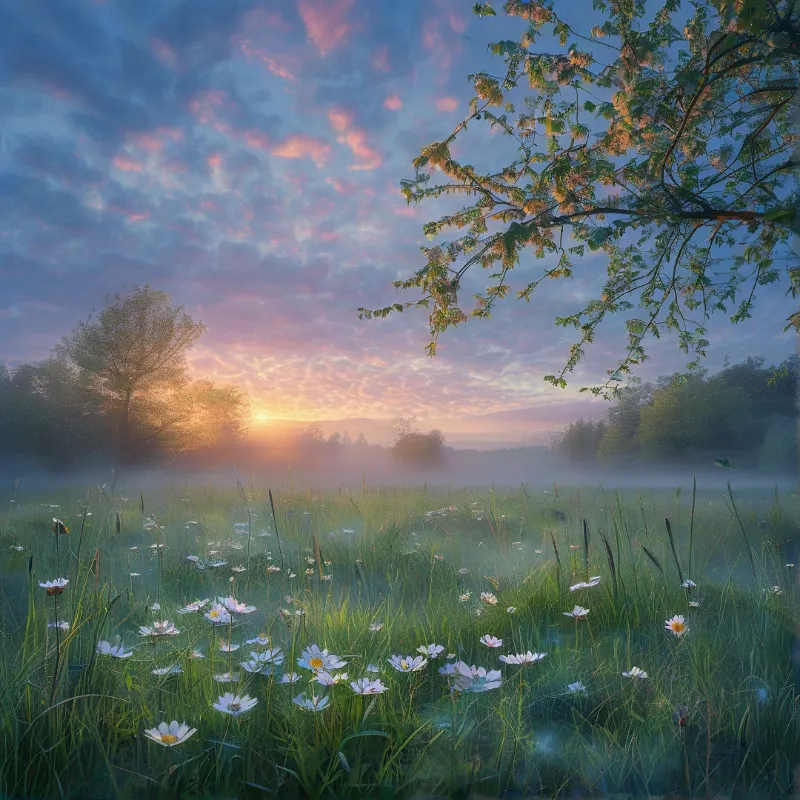 White wildflowers stand in a misty meadow while the sun rises behind distant trees casting pink hues across the sky.