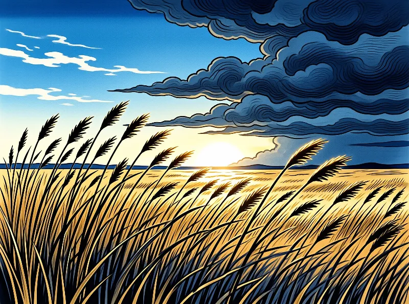 A field of tall golden wheat stalks bends in the wind beneath a bright sun and dramatic blue clouds