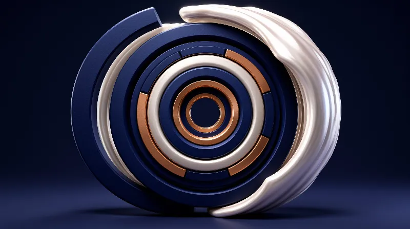 Blue mechanical disk with copper and cream rings wrapped in a smooth white curve on a dark blue surface.