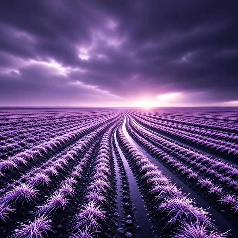 Rows of purple spiky plants line a wet path leading to a bright sunset breaking through dark violet clouds.