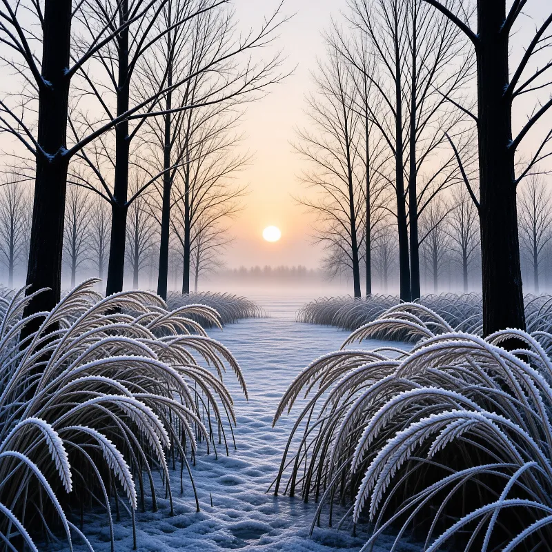 Feathery grass heads dusted with snow arch over a white trail while bare poplars fade into a misty sunrise.