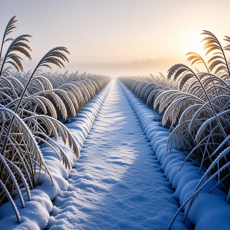 Rows of frost coated reeds arch over a smooth snow corridor glowing under a low winter sunrise.