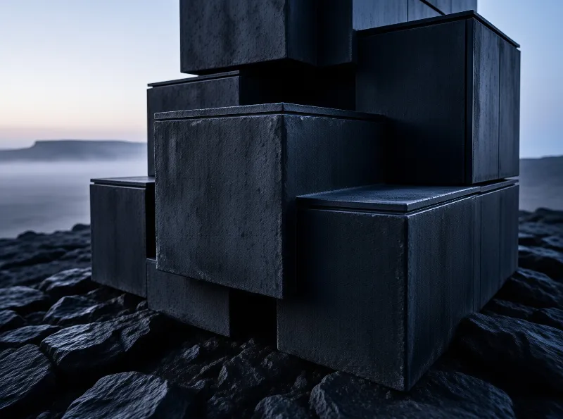 Dark geometric stone cubes arranged in a stack atop a rugged volcanic rock shore with misty cliffs and a pale twilight sky.
