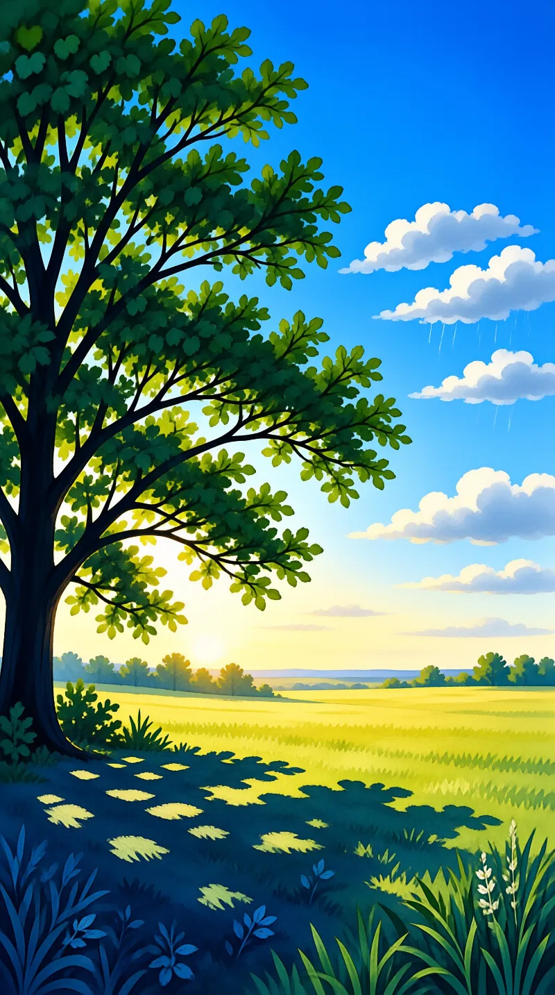 A stylized leafy tree throws spotted shade across grass beside a golden field under a bright blue sky.