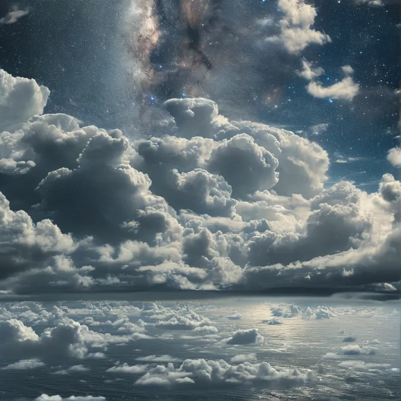 Voluminous cumulus clouds tower over a dark ocean beneath a starry sky revealing the Milky Way.