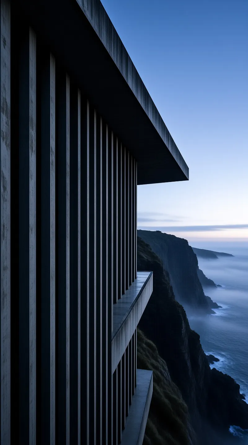 Vertical concrete structure on a cliff above a misty sea during twilight