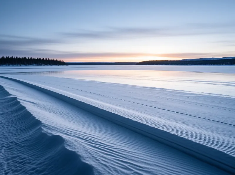Wind carved patterns across a vast frozen lake with a treeline in the distance under a soft twilight sky.