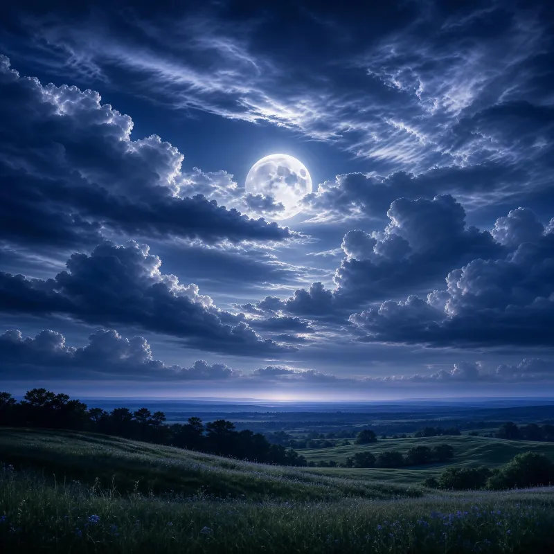 Lunar Night Over Rolling Hills