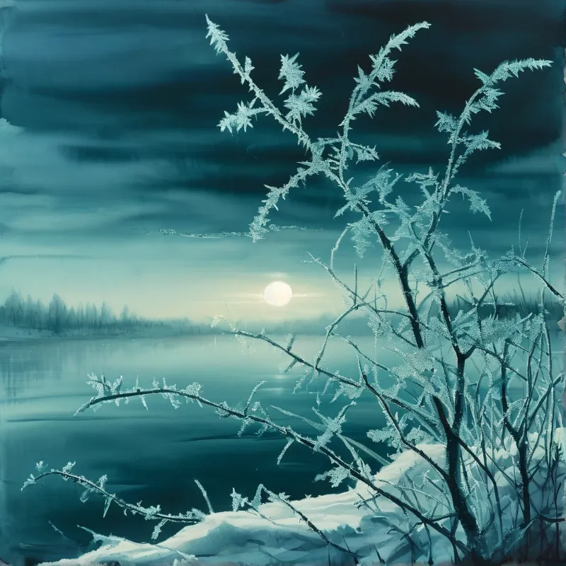 Delicate frosted twigs rise from snow near a cold blue lake illuminated by a distant pale sun.