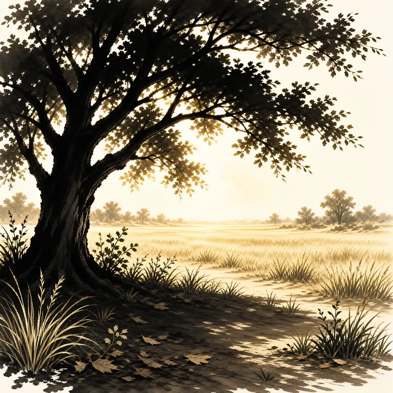 A sepia-toned illustration of a large oak tree casting dappled shadows across a misty grassy field with distant trees.