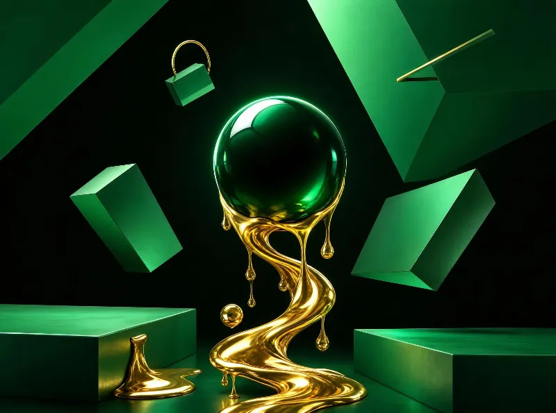 Green Sphere, Golden Liquid, Geometric Shapes