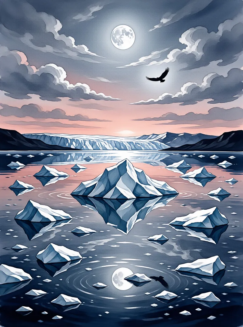 Stylized geometric ice formations drift on a calm sea beneath a bright full moon and pinkish twilight clouds.