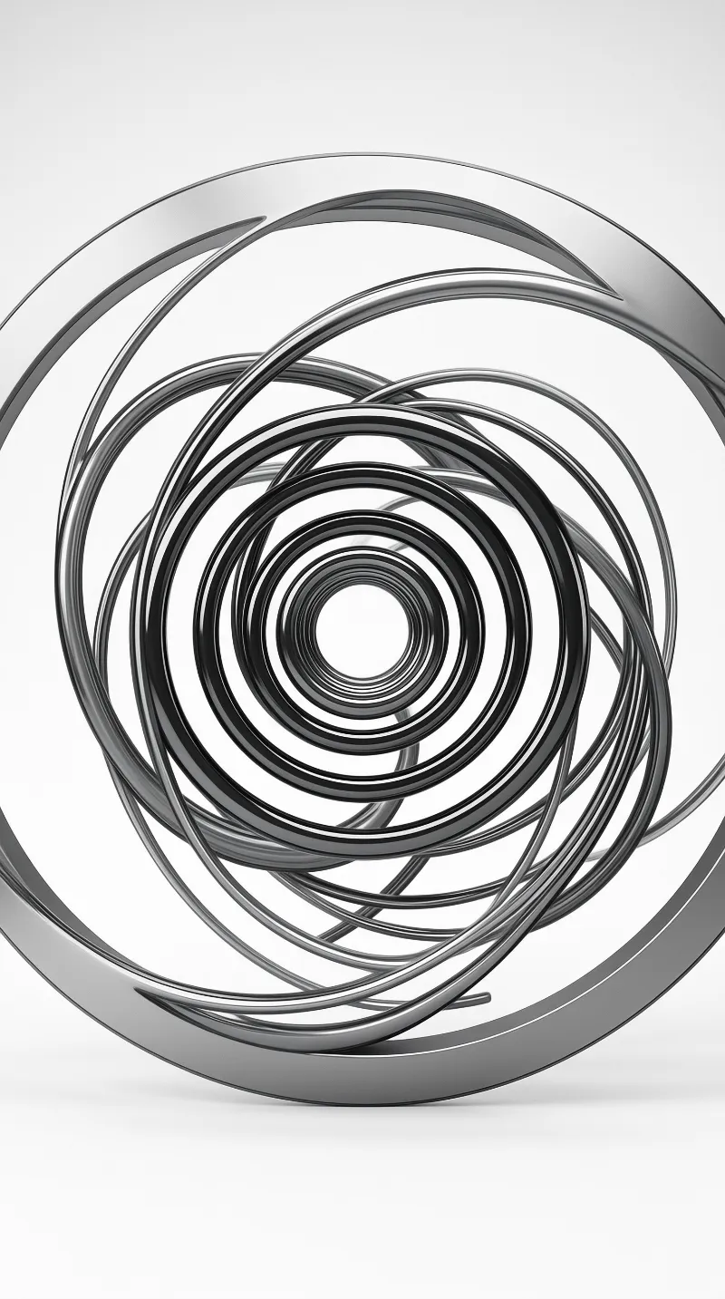Silver chrome rings nest into concentric circles receding to a bright center, with glints tracing each curve.