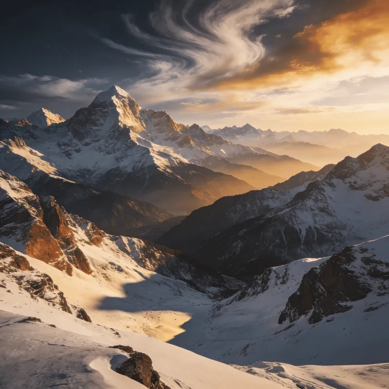 Snow-Capped Peaks Under a Dramatic Sky