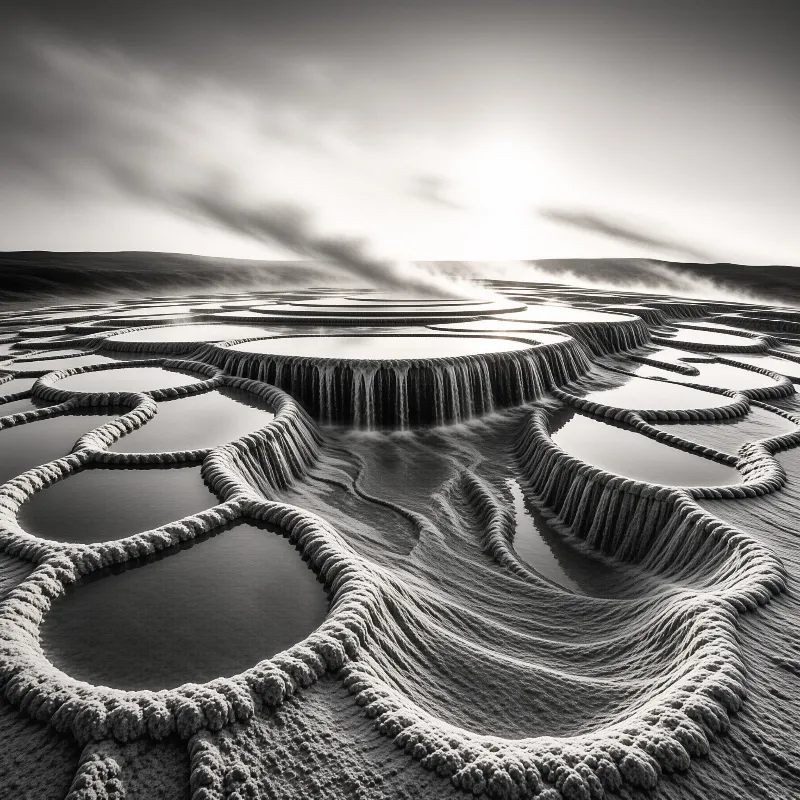 A black and white aerial view shows rounded terraced hot spring pools spilling over ridged edges into soft drifting mist
