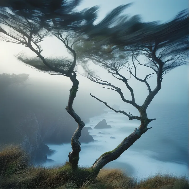 Two gnarled trees lean sideways on a cliff as wind blows their branches across a foggy blue seascape with rocky outcrops.