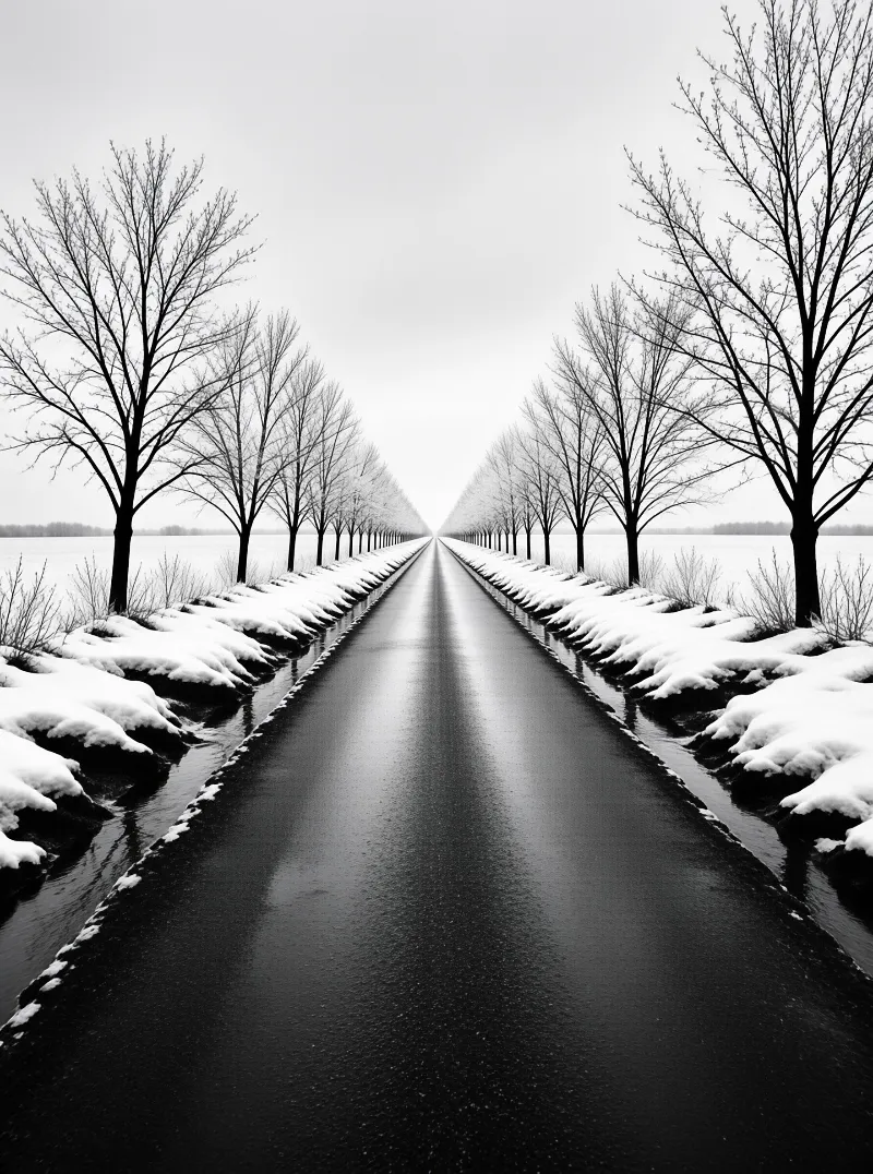 A straight black and white road lined with bare trees stretches through snow-covered fields under an overcast sky