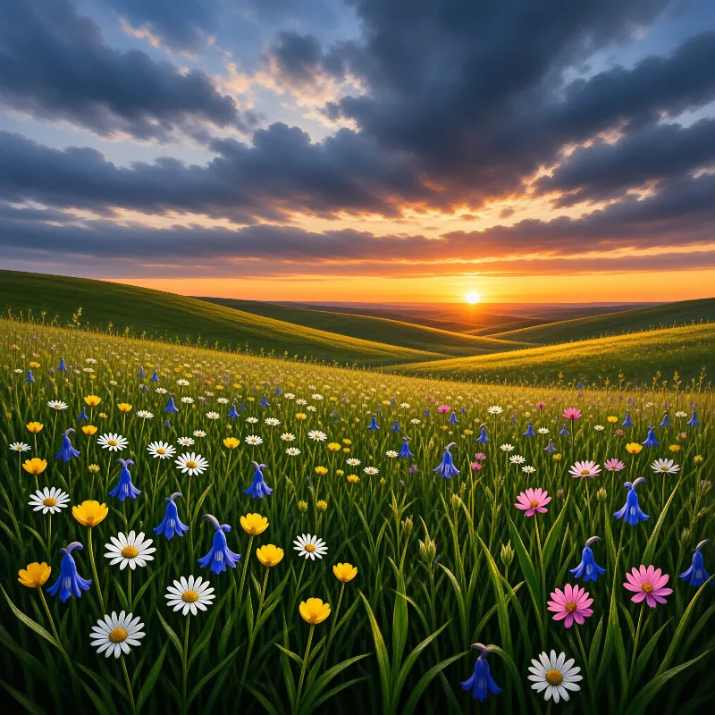 A vibrant meadow of colorful wildflowers stretches toward rolling hills as the sun sets behind clouds