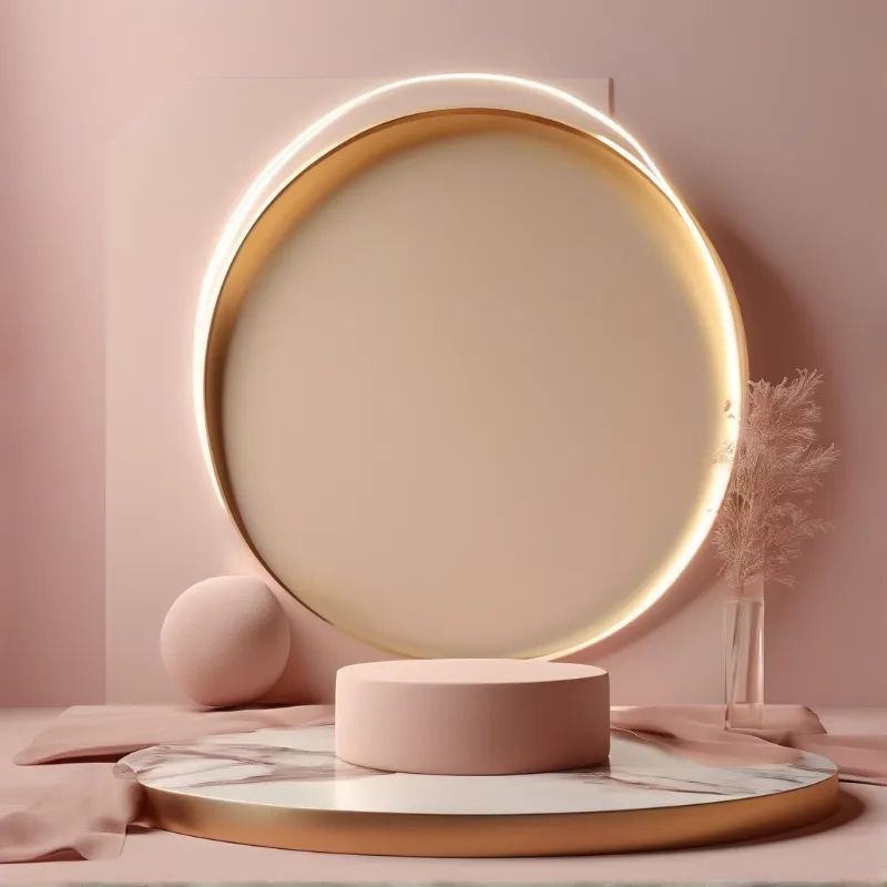 A pink pedestal sits on a marble base beneath a glowing ring light with soft pink shapes and dry grass.