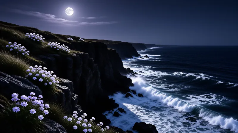 A full moon hangs over dark ocean waves hitting steep grassy cliffs scattered with pale blue wildflowers at night.