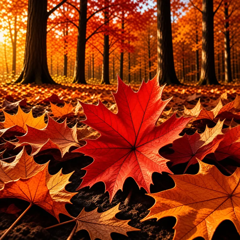 A large red maple leaf lies prominently on the dark ground surrounded by scattered orange foliage and tall tree trunks bathed in warm sunlight.