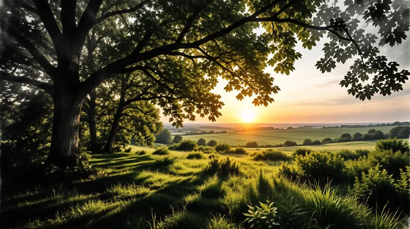 A large mature oak tree extends over a lush grassy hillside as the low sun casts warm golden light across distant patchwork farmland.