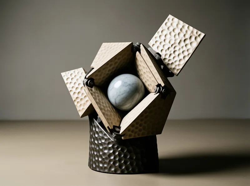 A wooden mechanical flower opens up to reveal a blue marble ball inside its petals against a grey background.