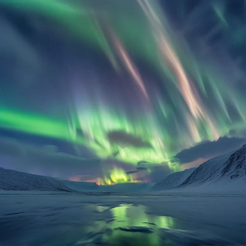 Curtains of emerald and rose light ripple across a starry sky above frozen water and low snow covered hills.