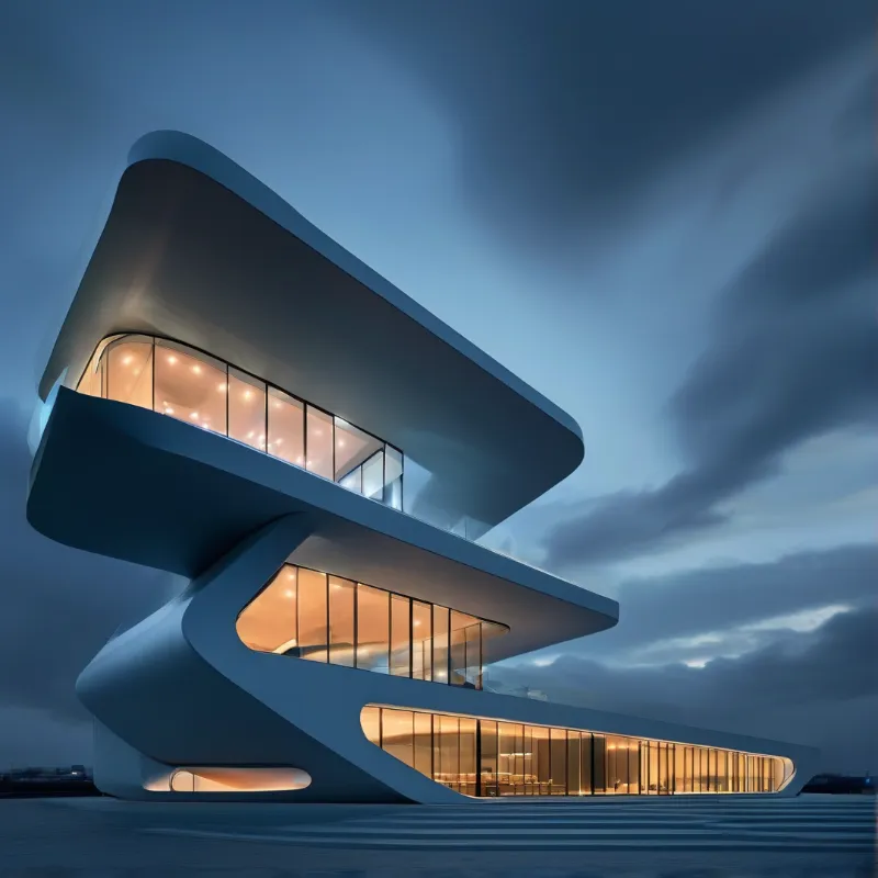 Curved cantilevered floors of a futuristic building hover over a wide plaza, warm interior light spilling through glass.