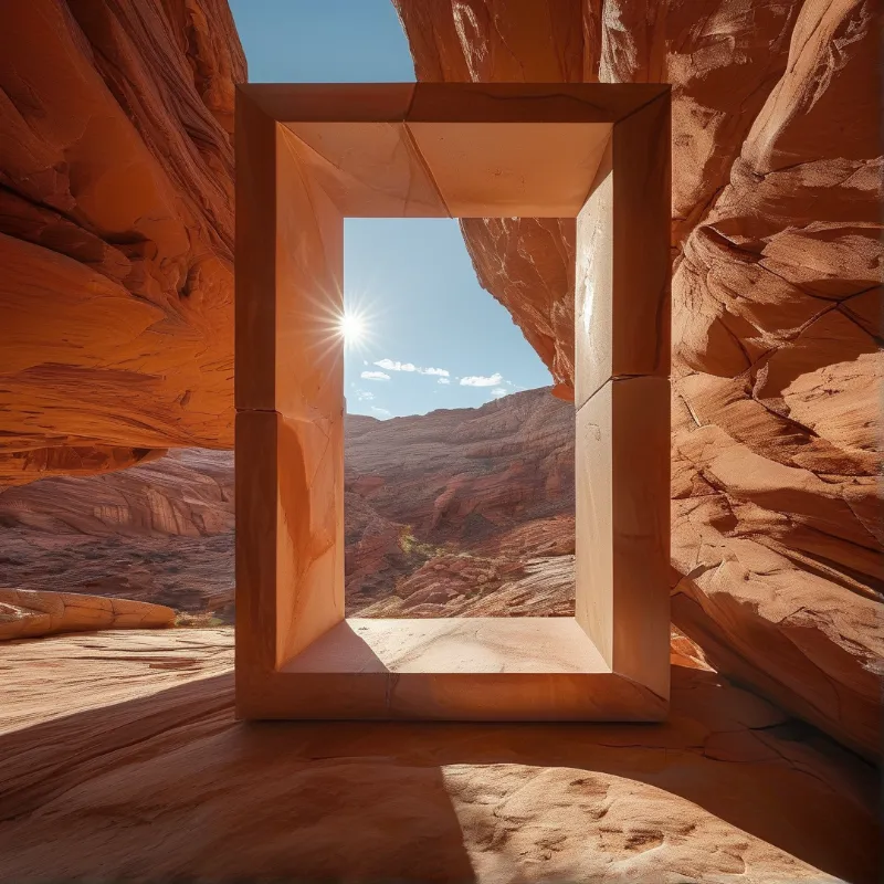 A large wooden frame stands upright within a narrow slot canyon, capturing a view of distant red rock formations and a bright blue sky where the sun shines intensely through the opening.
