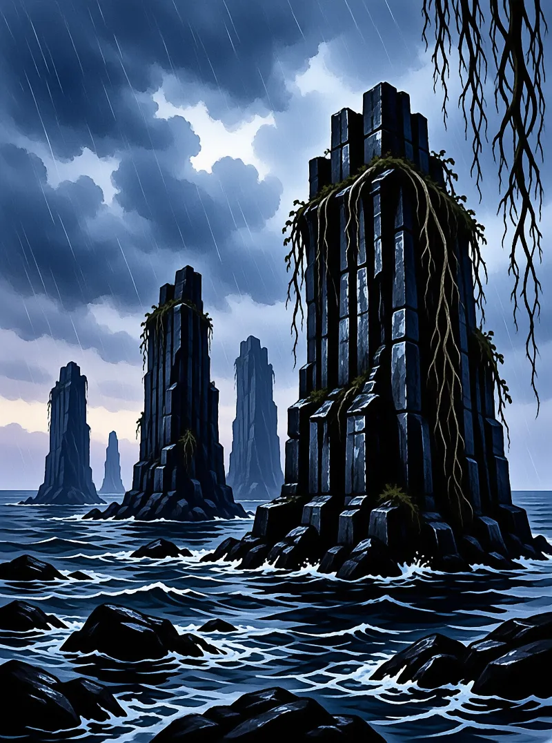 Dark rectangular stone spires rising from a choppy blue sea are wrapped in moss and hanging roots under heavy falling rain and overcast sky.