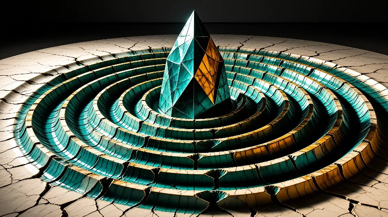 Faceted teal and orange crystal emerging from center of circular cracked stone maze with glowing edges.