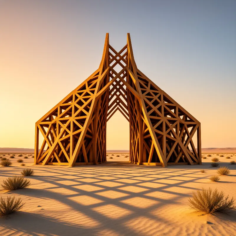An open framework of crossed wooden beams forms a pointed shelter casting long shadows across dunes.