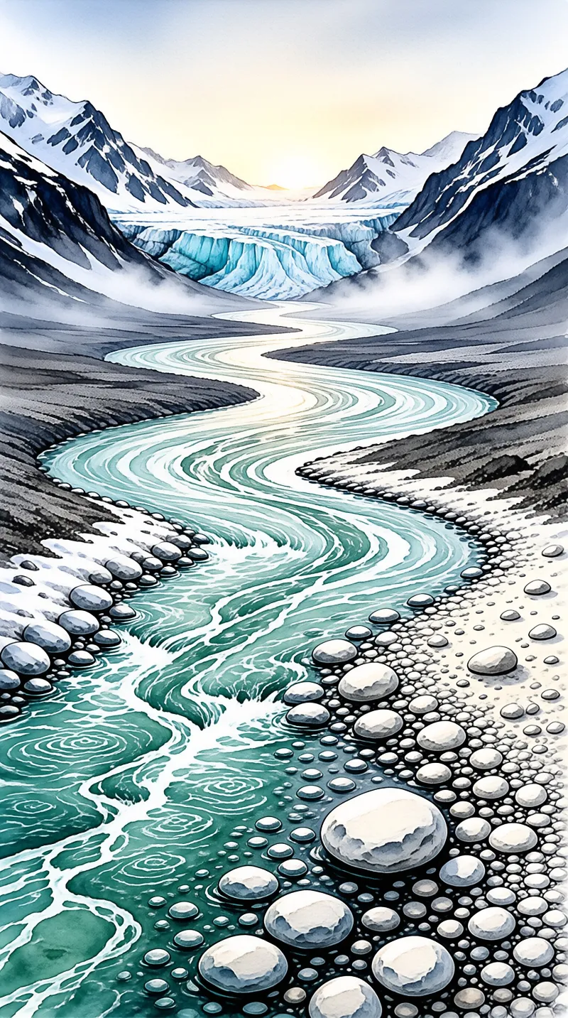 Vivid teal water curves past rounded stones leading to a vast ice formation between misty mountain peaks.