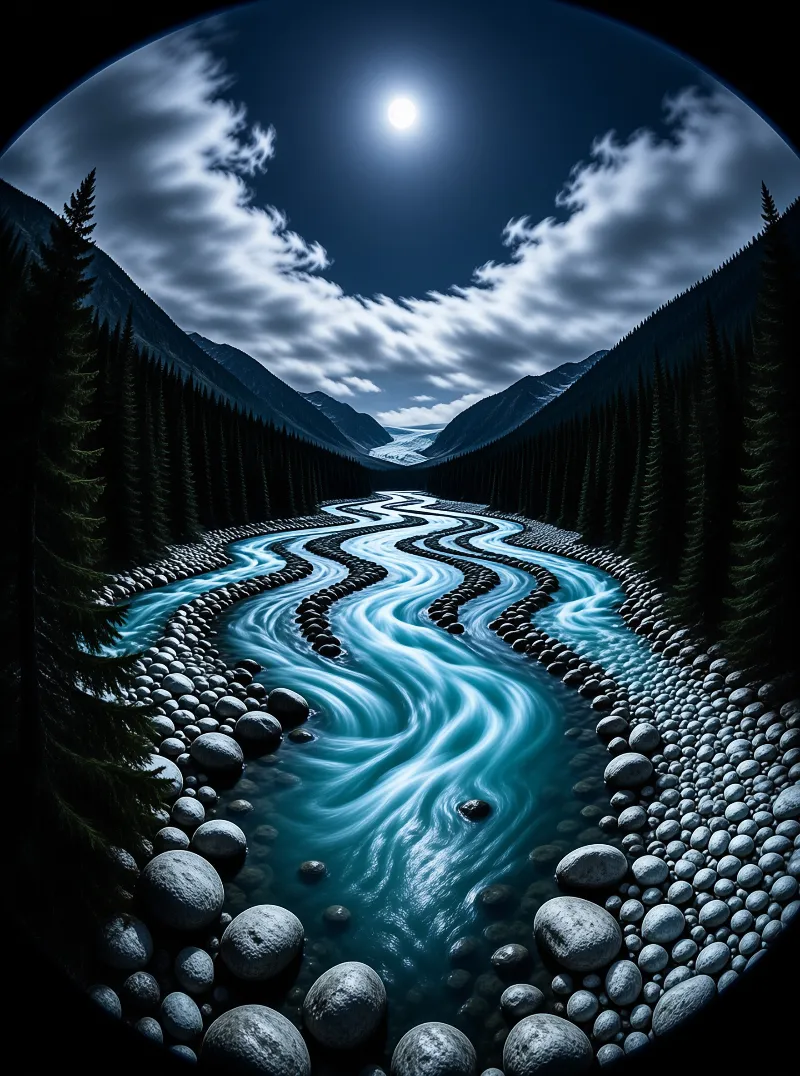 A braided turquoise river winds between moonlit boulders toward dark forested mountains under a glowing full moon.