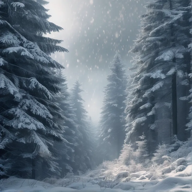 Tall evergreen trees heavy with snow stand in a misty forest while sunlight filters through falling snowflakes.
