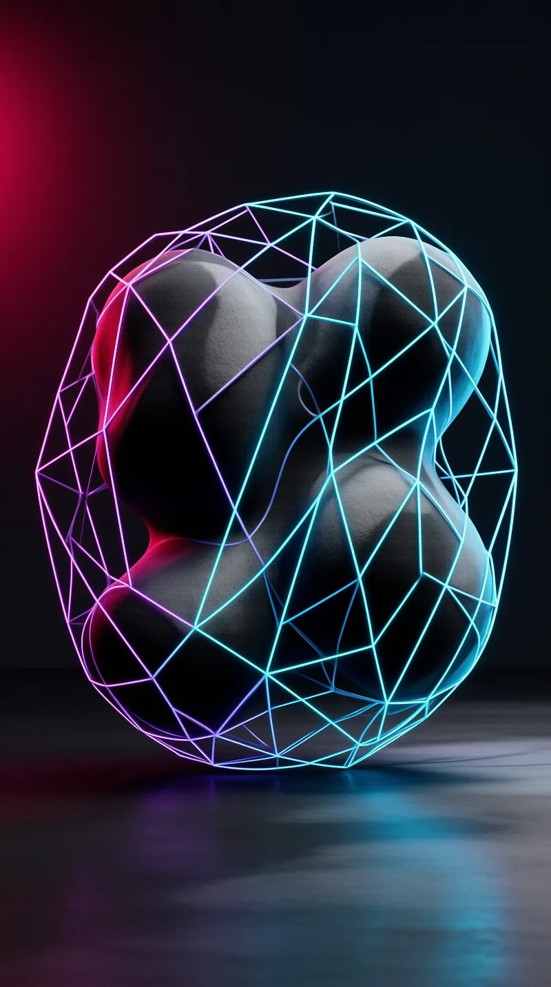 A smooth grey pebble rests on a dark floor while a luminous blue and pink geometric mesh surrounds its organic form casting colorful reflections on the surface below.