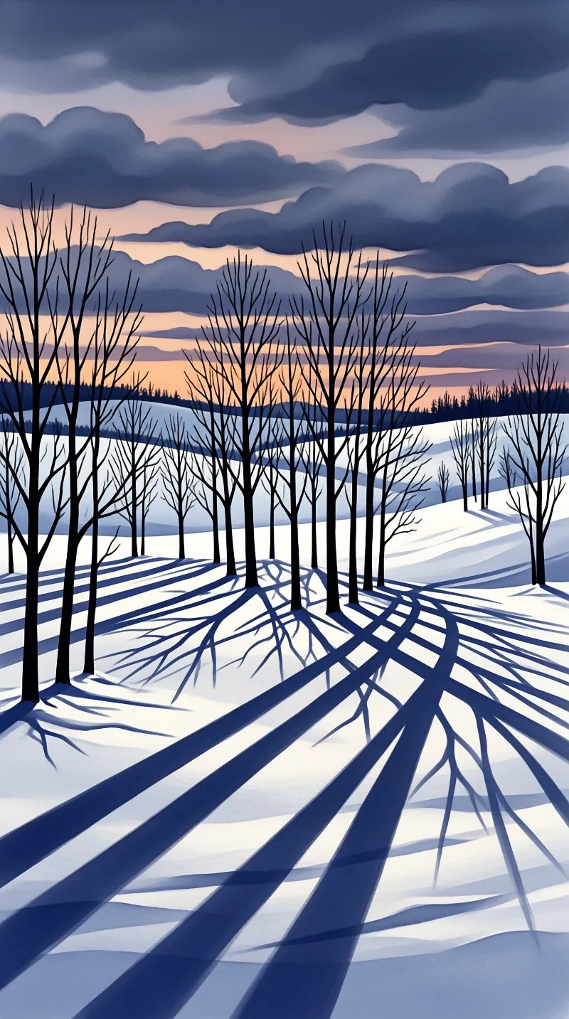 Leafless winter trees stand on a white snowfield, throwing long blue shadows toward a sunset sky layered with soft clouds.