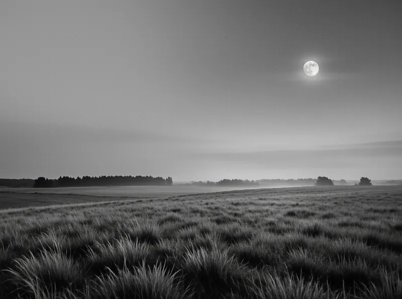 Grey moonlight washes a field of tufted grass, with a low band of mist and distant trees under an even sky.