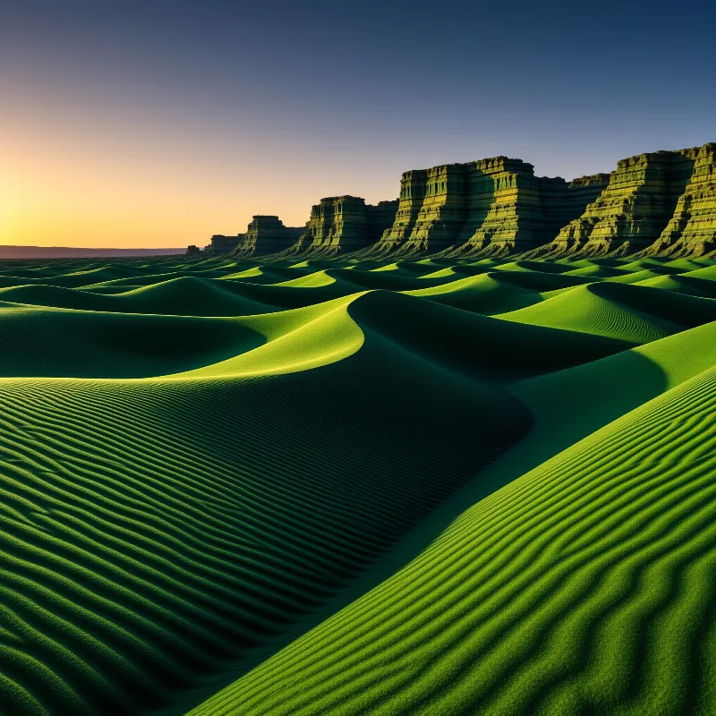 Wind combed hills of vivid green sand roll toward stratified cliffs beneath a dusk sky fading amber to blue