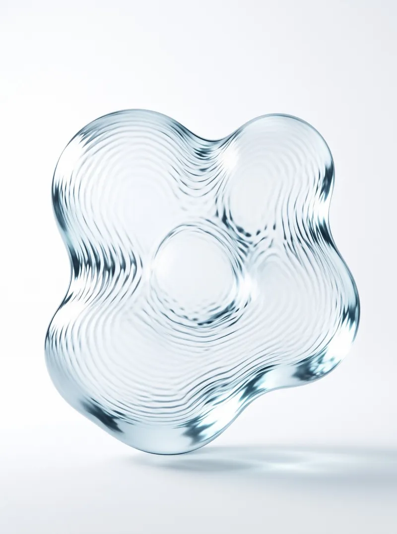 A clear sculptural object with a wavy shape and concentric circular patterns floats against a plain white background.