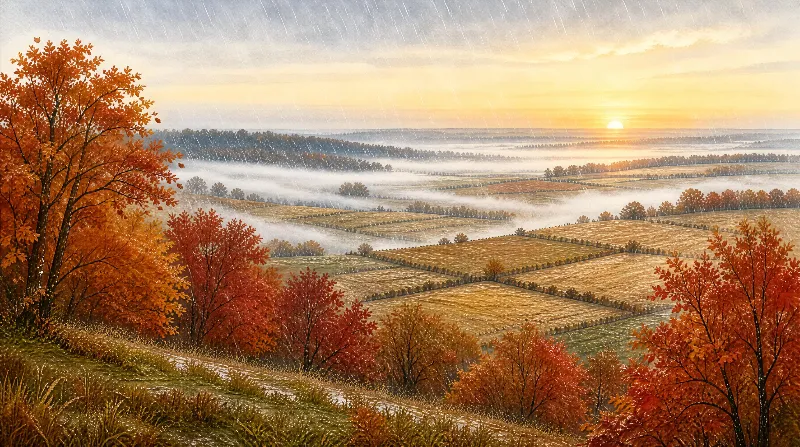 A rural landscape with vibrant autumn trees, mist swirling through fields, and a glowing sunrise on the horizon