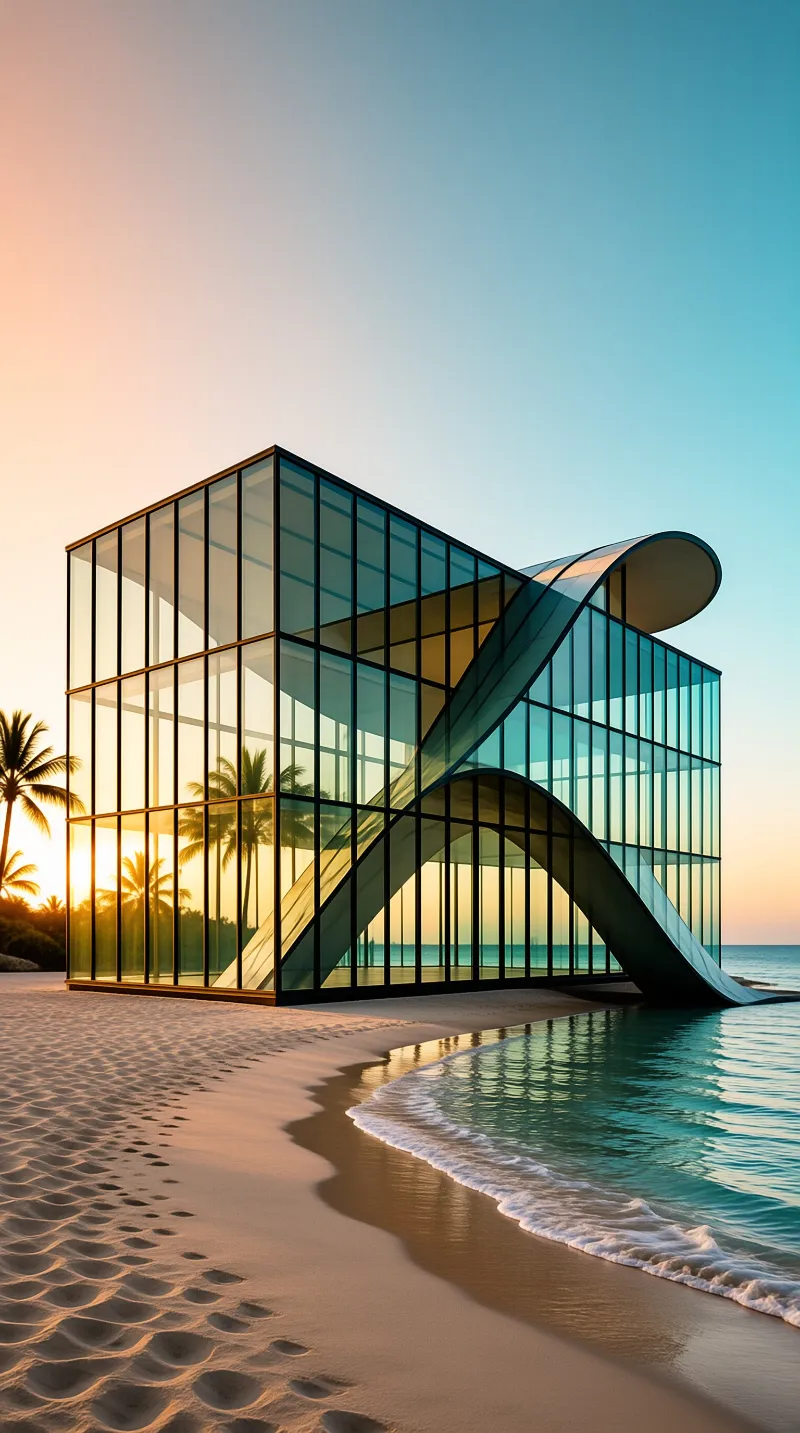 A modern glass structure sits on the sandy shore reflecting the warm sunset light and nearby palm trees.