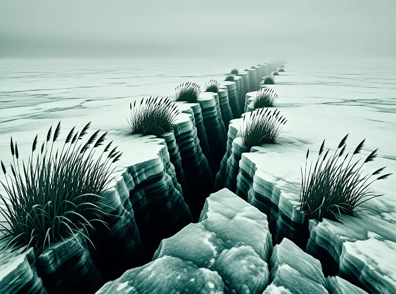 Dark reed clumps grow along deep fissures cutting a foggy pale cracked icy plain in cool cyan tones.