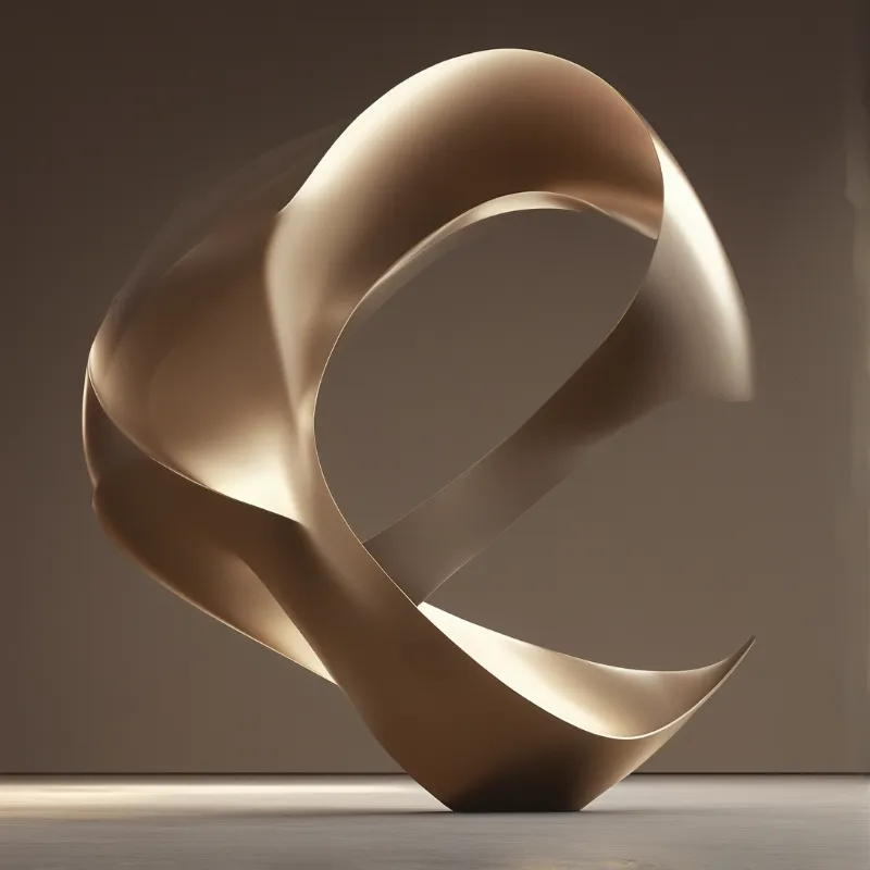 A large twisted golden structure stands on a smooth floor against a neutral brown wall with soft lighting.