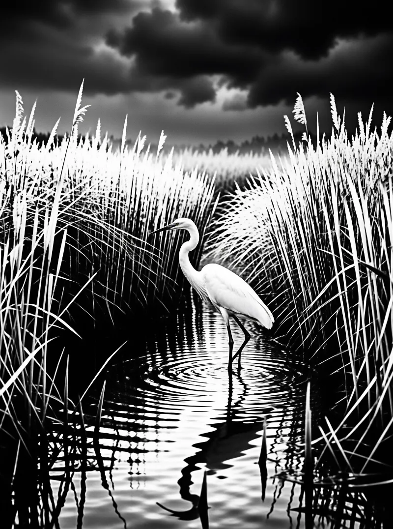 A white egret wades through tall luminous reeds in monochrome while heavy storm clouds press above rippling water.