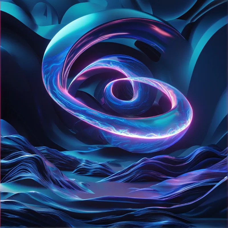 A luminous spiral form glows with pink and blue hues while hovering above a dark, wavy landscape of liquid textures.