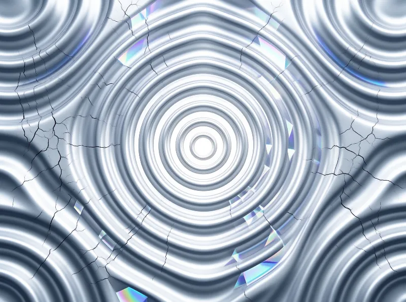Concentric liquid-metal waves radiate outward across a polished silver surface broken by dark fissures and prismatic glints.