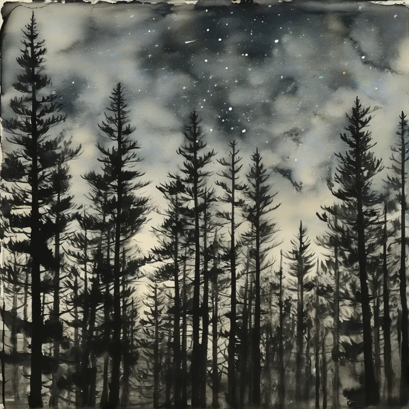 Dark silhouetted evergreen forest stands against a cloudy star speckled pale sky rendered in soft monochrome ink wash style