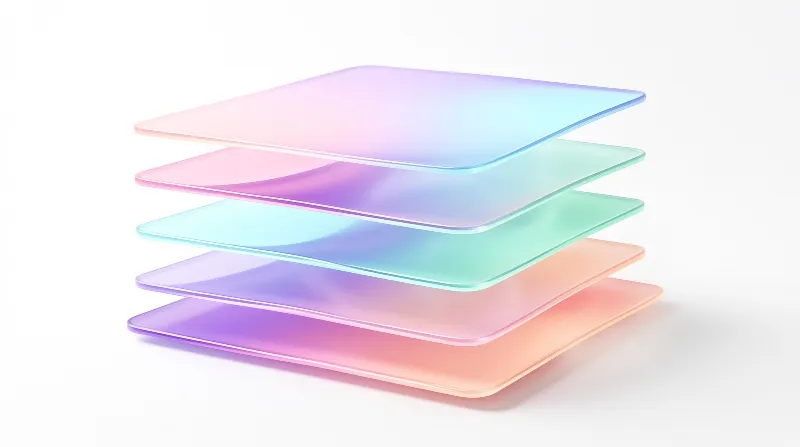 Five translucent gradient square panels sit in offset stacked layers on a plain white studio backdrop under even light.